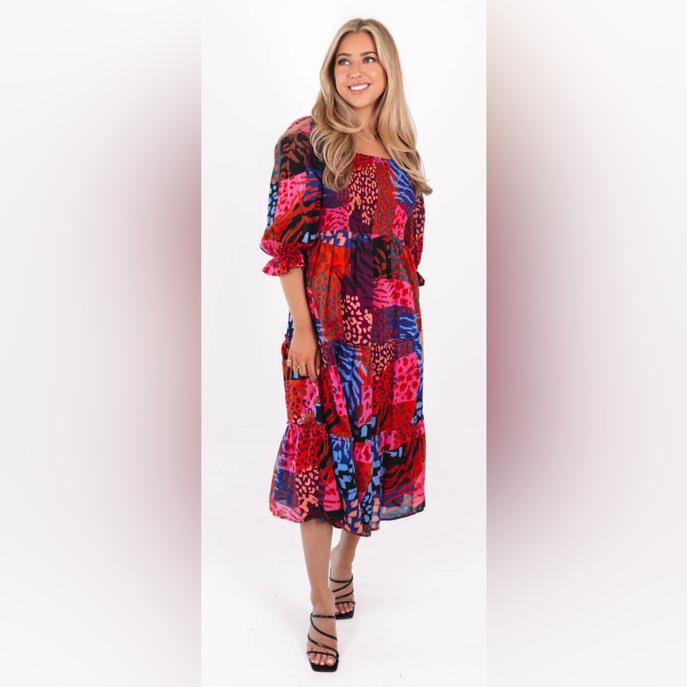 J. Marie The Jade Midi Dress Colorful Patchwork size medium. A591
